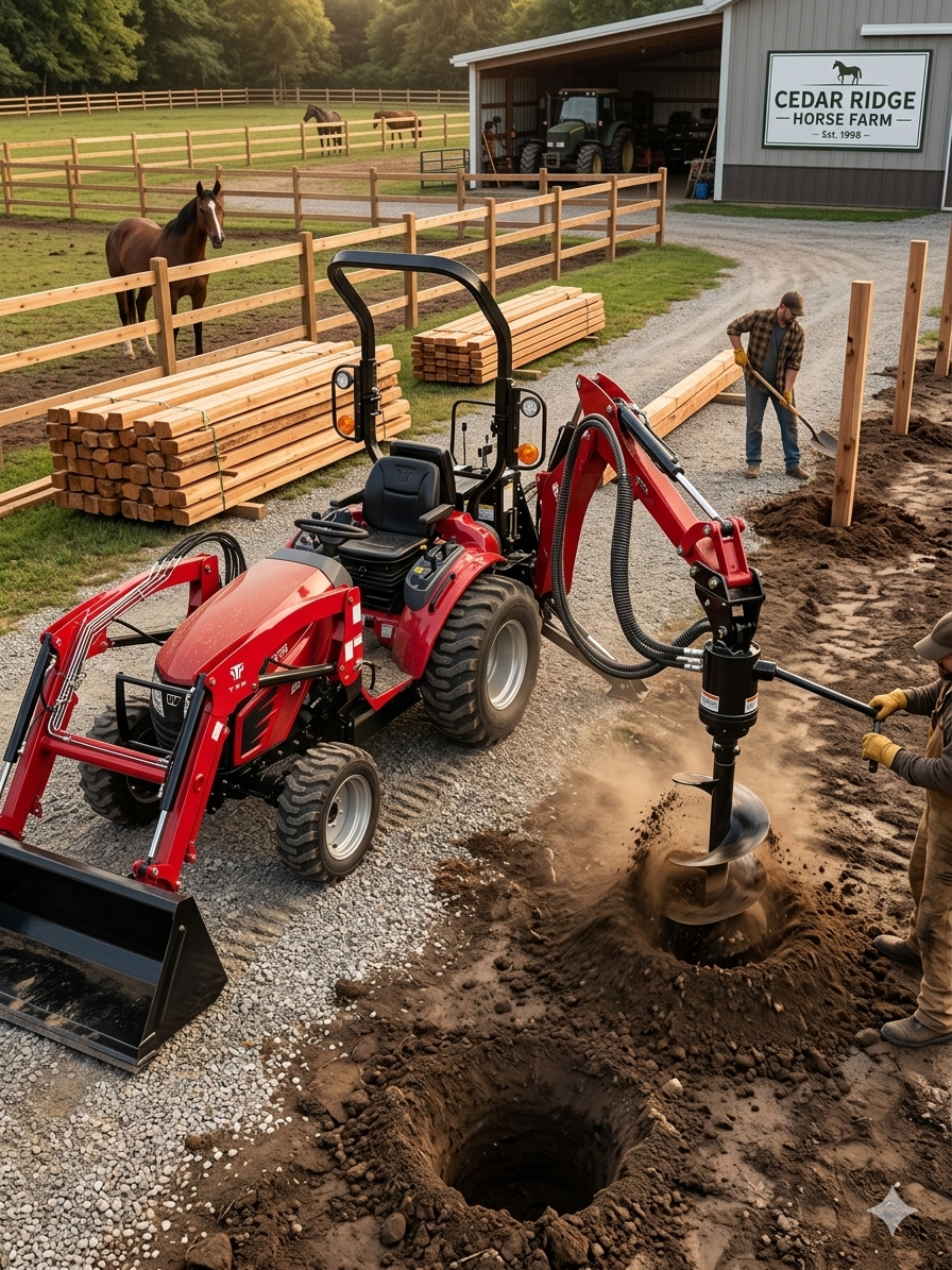 A person using a mini excavator to dig holes at Cedar Ridge Horse Farm, with horses grazing in the background, a barn, and a tractor.