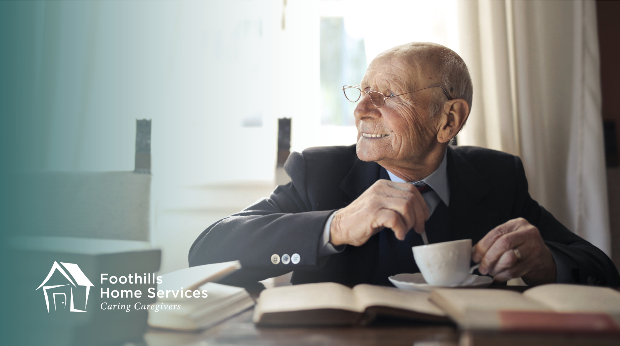 A senior home care enjoying a cup of coffee.