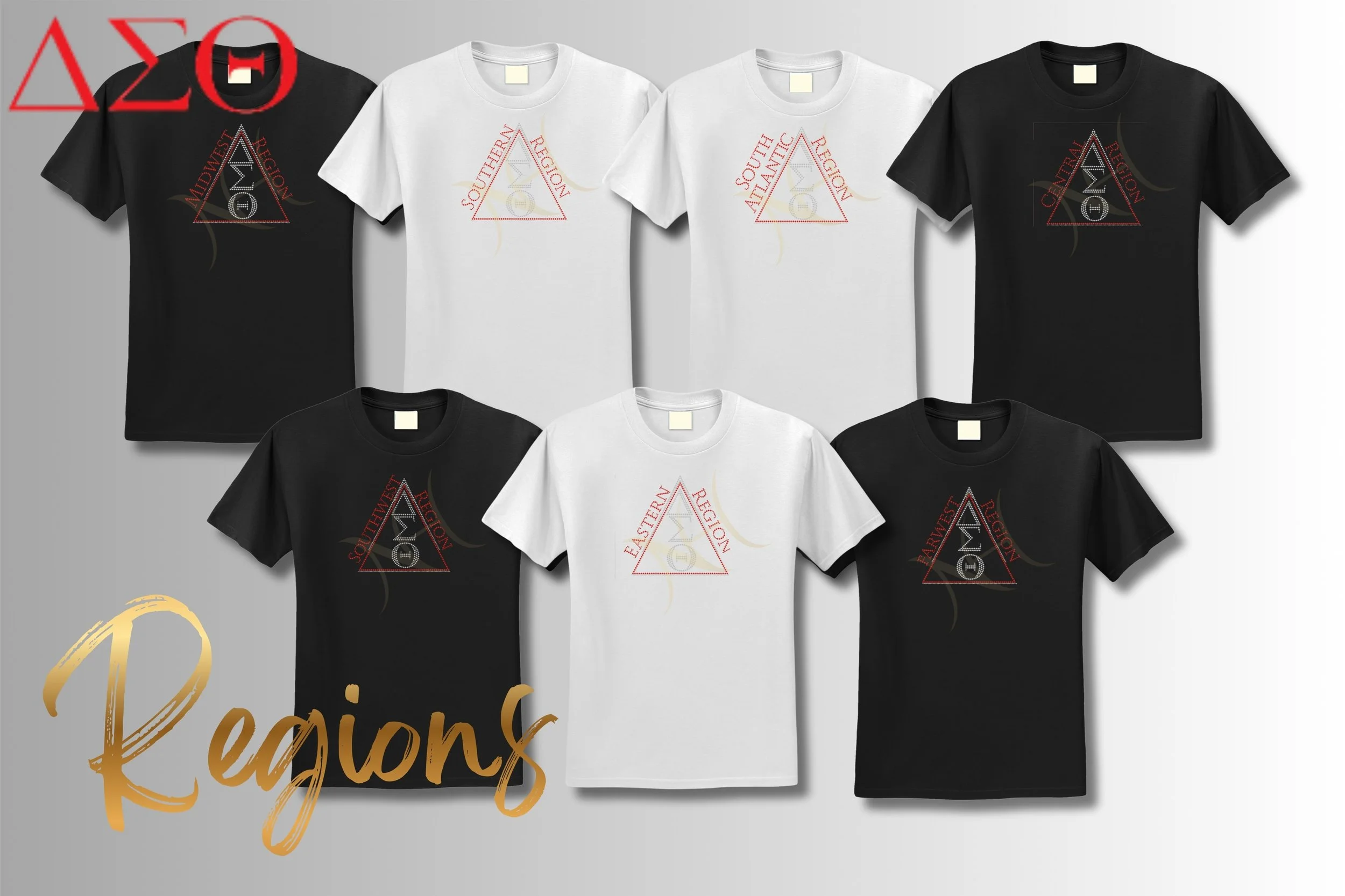 Six T-shirts in black and white featuring a triangle logo with regional names: Midwest, Southern, South Atlantic, Central, Eastern, Far West. The word "Regions" is written in gold script at the bottom left.