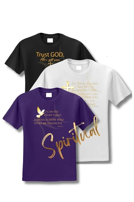Three T-shirts in black, white, and purple with religious and inspirational messages and symbols including fraternity and sorority messaging.