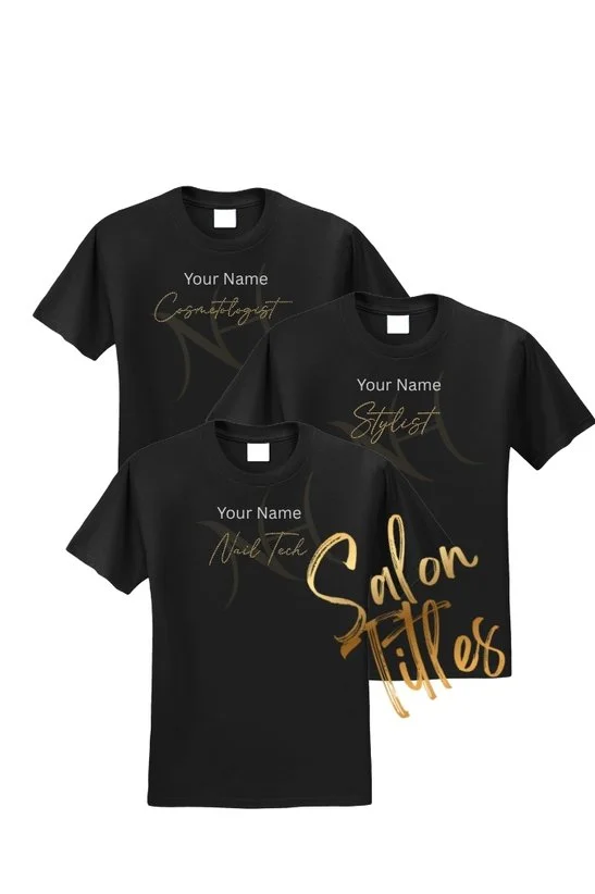Three black T-shirts with customizable text for different professions, and one T-shirt with gold handwritten text reading "Salon Tilters".
