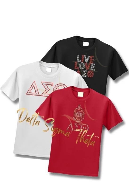 Three T-shirts in black, white, and red with Greek letters and phrase designs for sorority or fraternity groups.