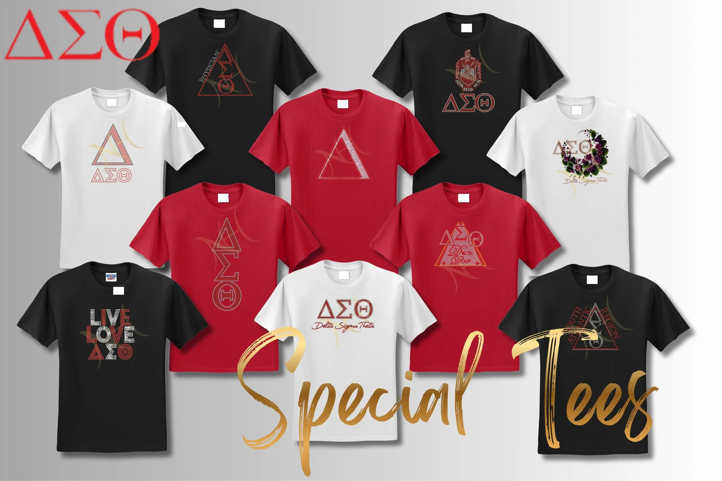 A collection of ten sorority-themed T-shirts in black, white, and red, featuring Greek letters and symbols, displayed on a light gray background with the words 'Special Tees' in gold script overlayed.