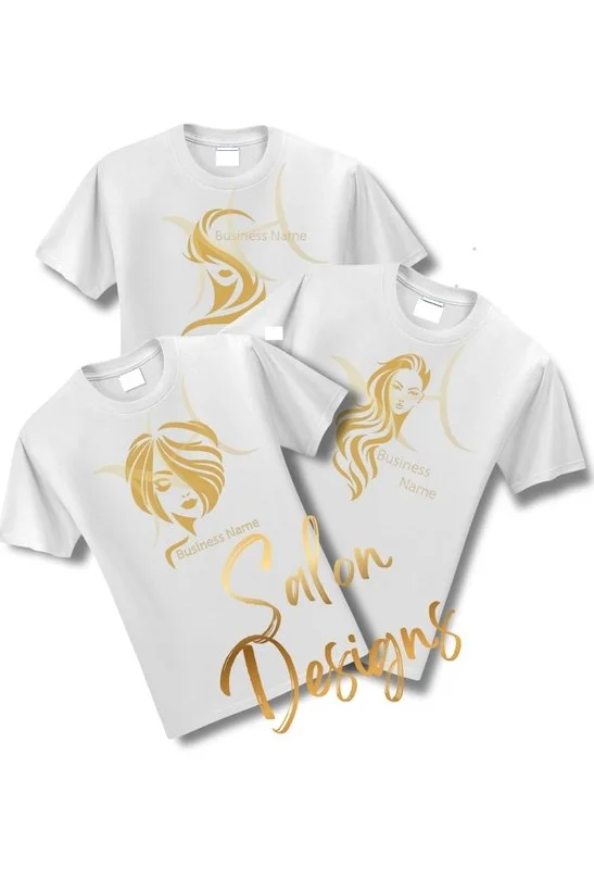 Three white T-shirts with gold hair stylist-themed graphics and text, featuring women's hairstyles and a business name placeholder, arranged overlapping on a white background.