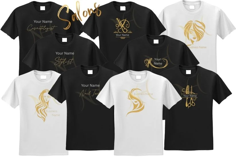 Collection of eight T-shirts, four black and four white, featuring gold hair and beauty-themed graphics and customizable text for different beauty professions like hairstylist, nail tech, and cosmetologist.