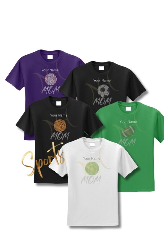 Collection of five sports-themed T-shirts in purple, black, black, green, and white, each with a 'Your Name MOM' text and a different sports ball graphic, with 'Sports' written in gold across the front. Catering to fraternity and sorority messaging.