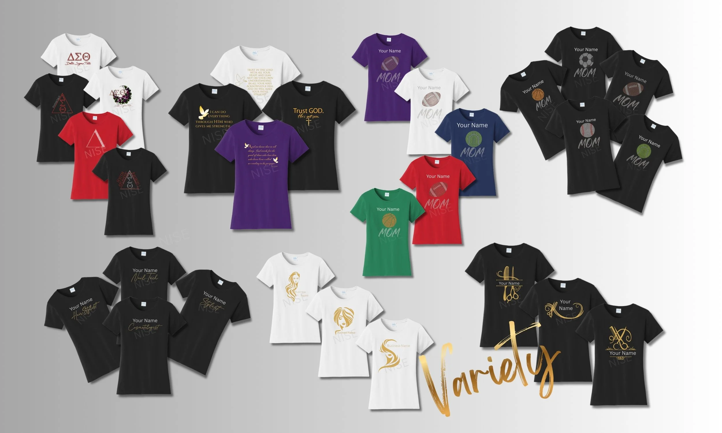 A variety of t-shirts in different colors and designs, arranged in rows on a light gray background.