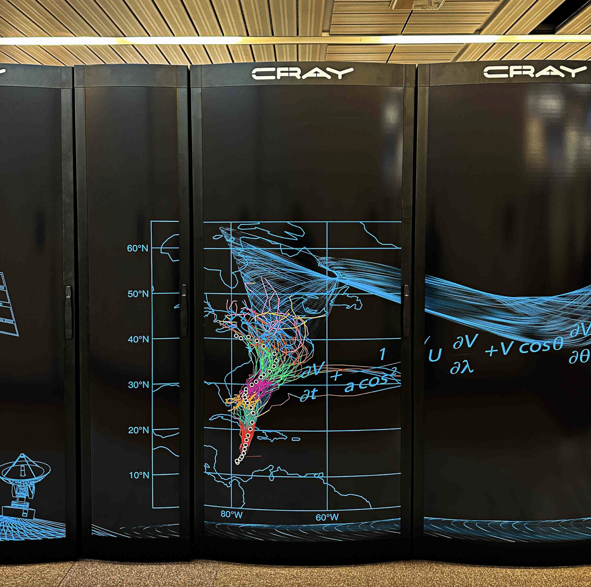 A supercomputer at the ECMWF. The artwork shows the US East Coast, commemorating the group’s forecast of Hurricane Sandy in 2012. That forecast was celebrated for its accuracy after Sandy slammed into the New Jersey coast.