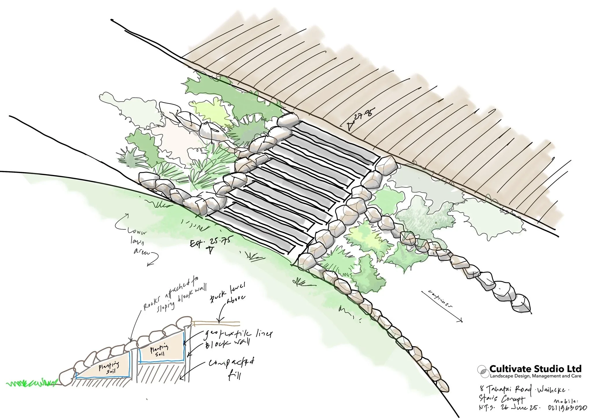 A landscape garden design plan showing a sloping garden with a stepped pathway, rock walls, planting soil, and various plants, with notes on construction details and measurements.