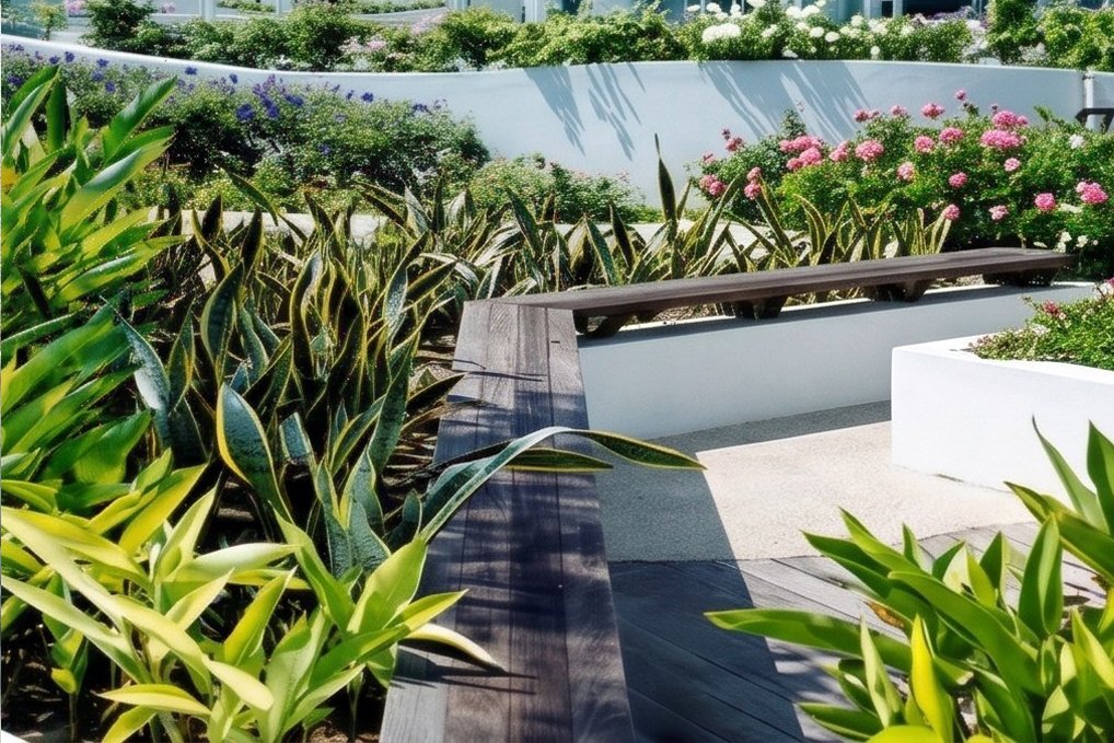 A garden with green and variegated plants, pink flowers, and a wooden bench in a modern outdoor setting.