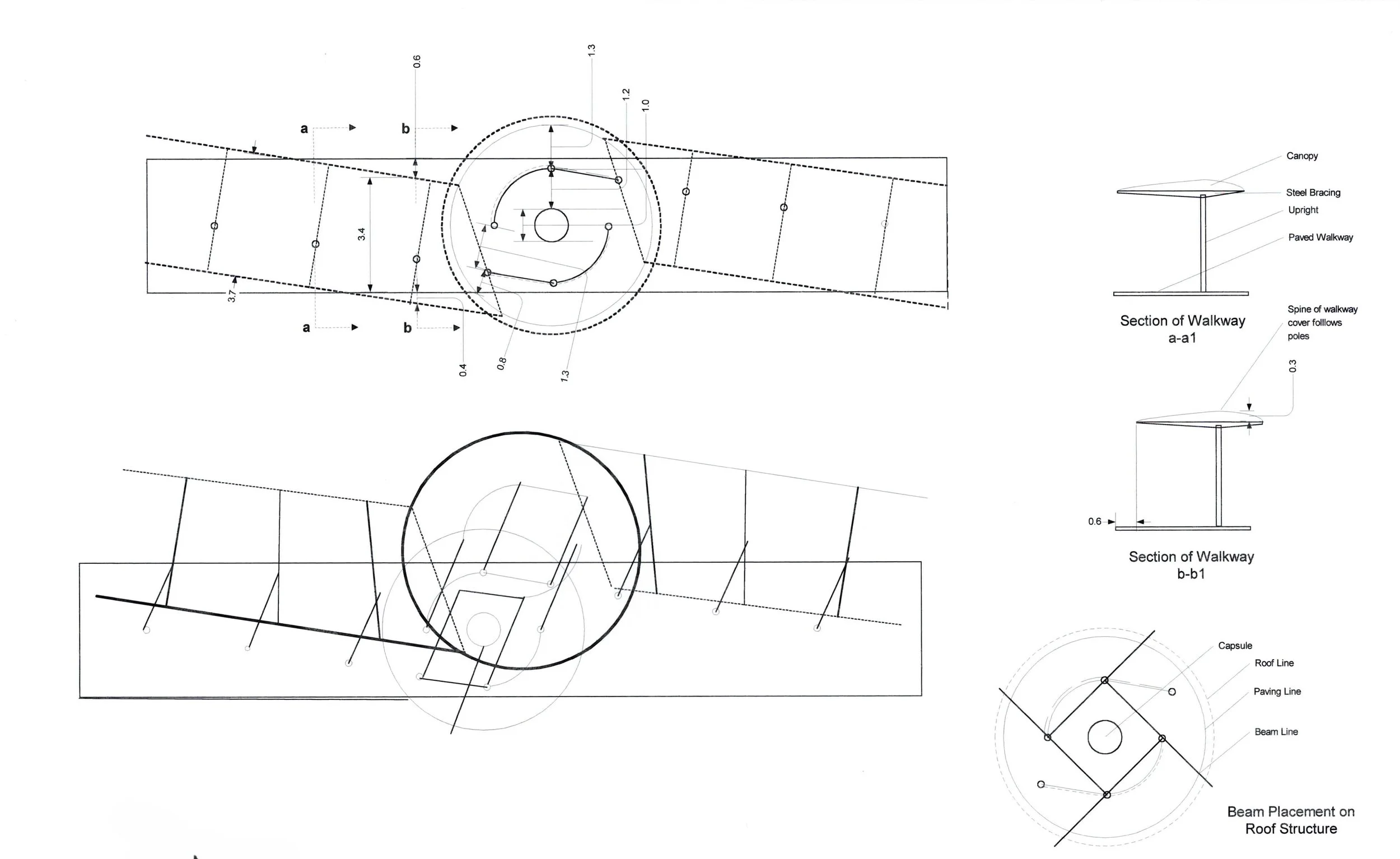 Technical drawing of a walkway structure with sections labeled and measurements, including a canopy, steel bracing, upright supports, paved walkway, and structural details.