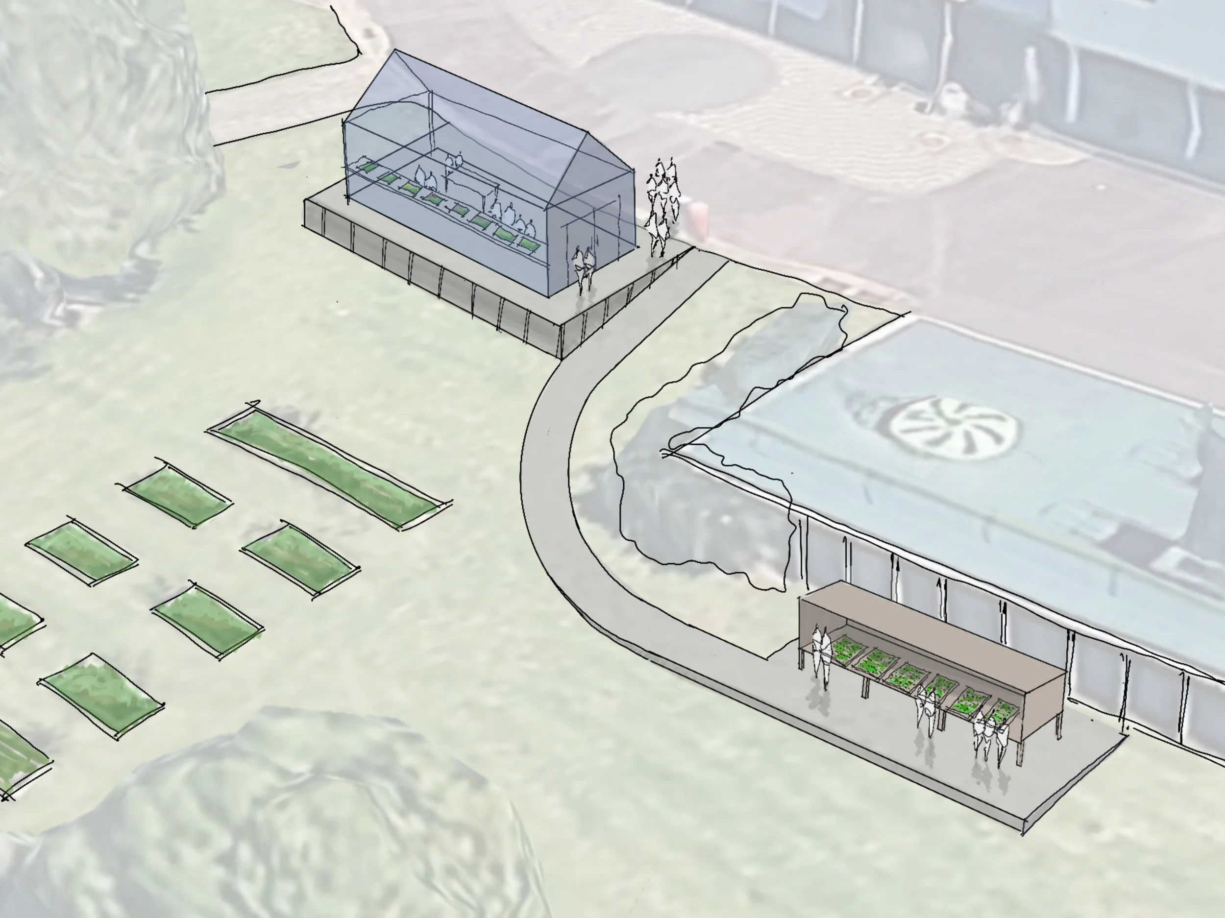 A conceptual architectural drawing of a greenhouse structure attached to a building, with people working inside and outdoors, and landscaped areas surrounding the site.