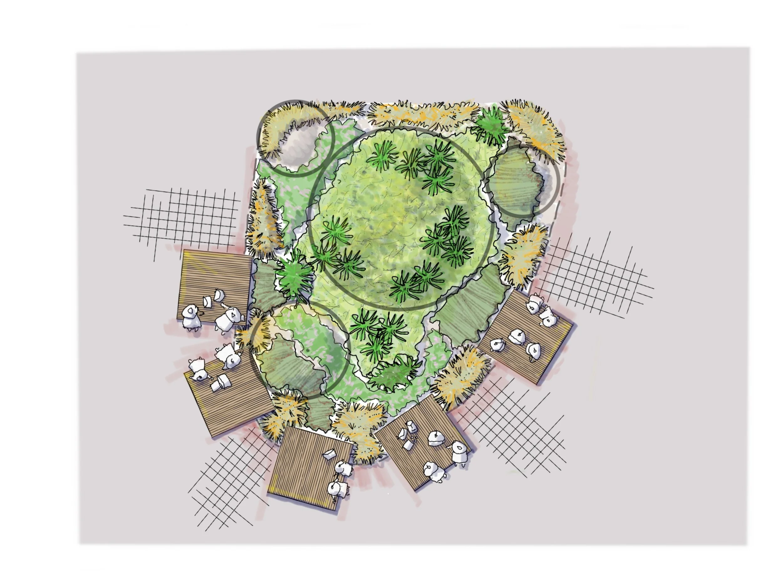 Illustration of a rooftop garden with various plants, seating areas, and pathways, viewed from above.