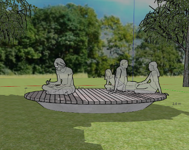 Digital rendering of three people sitting and lying on a circular wooden platform outdoors with trees in the background.