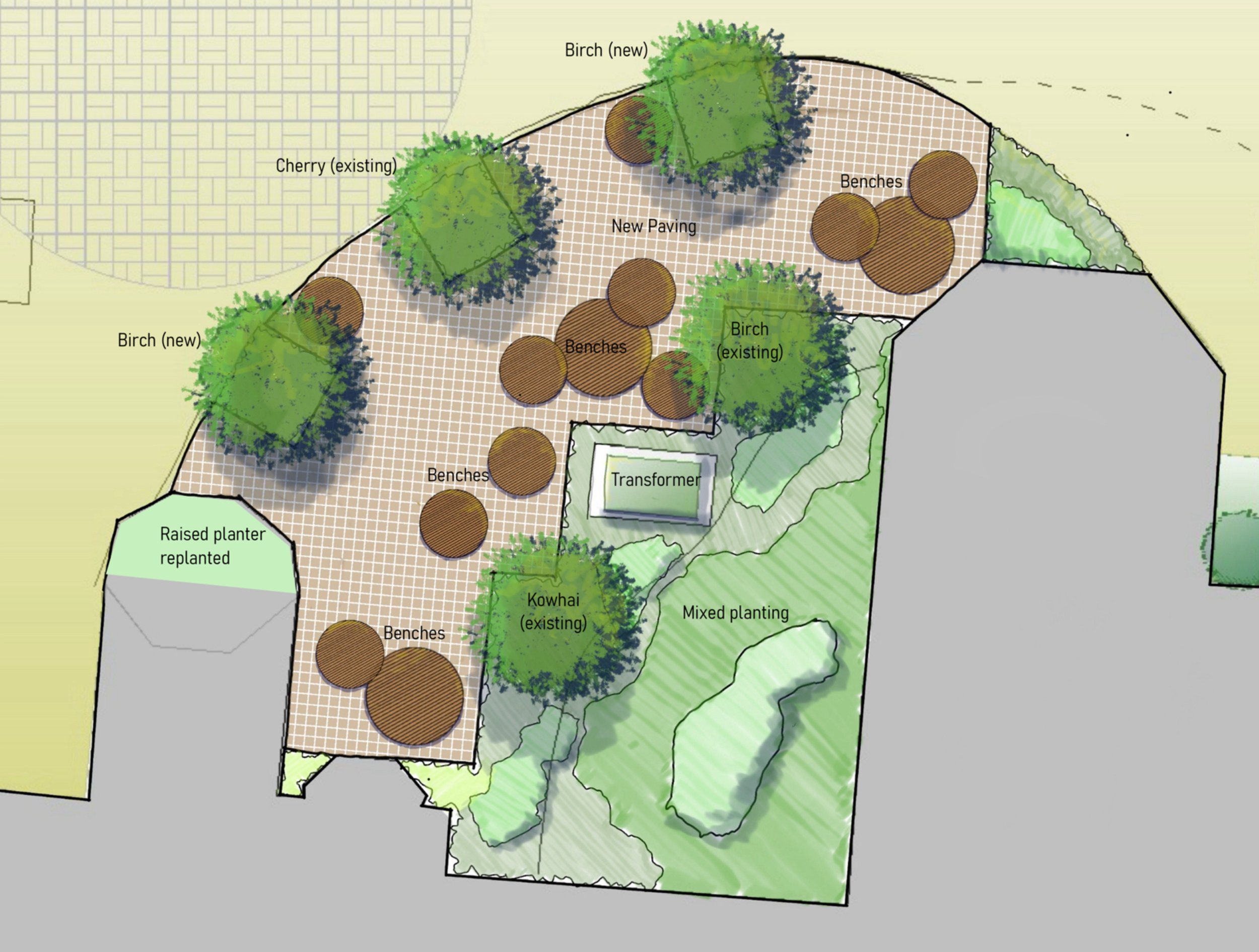 A landscape design plan featuring new paving, benches, and various plantings including cherry and birch trees, with labels indicating existing and new elements and a transformer.