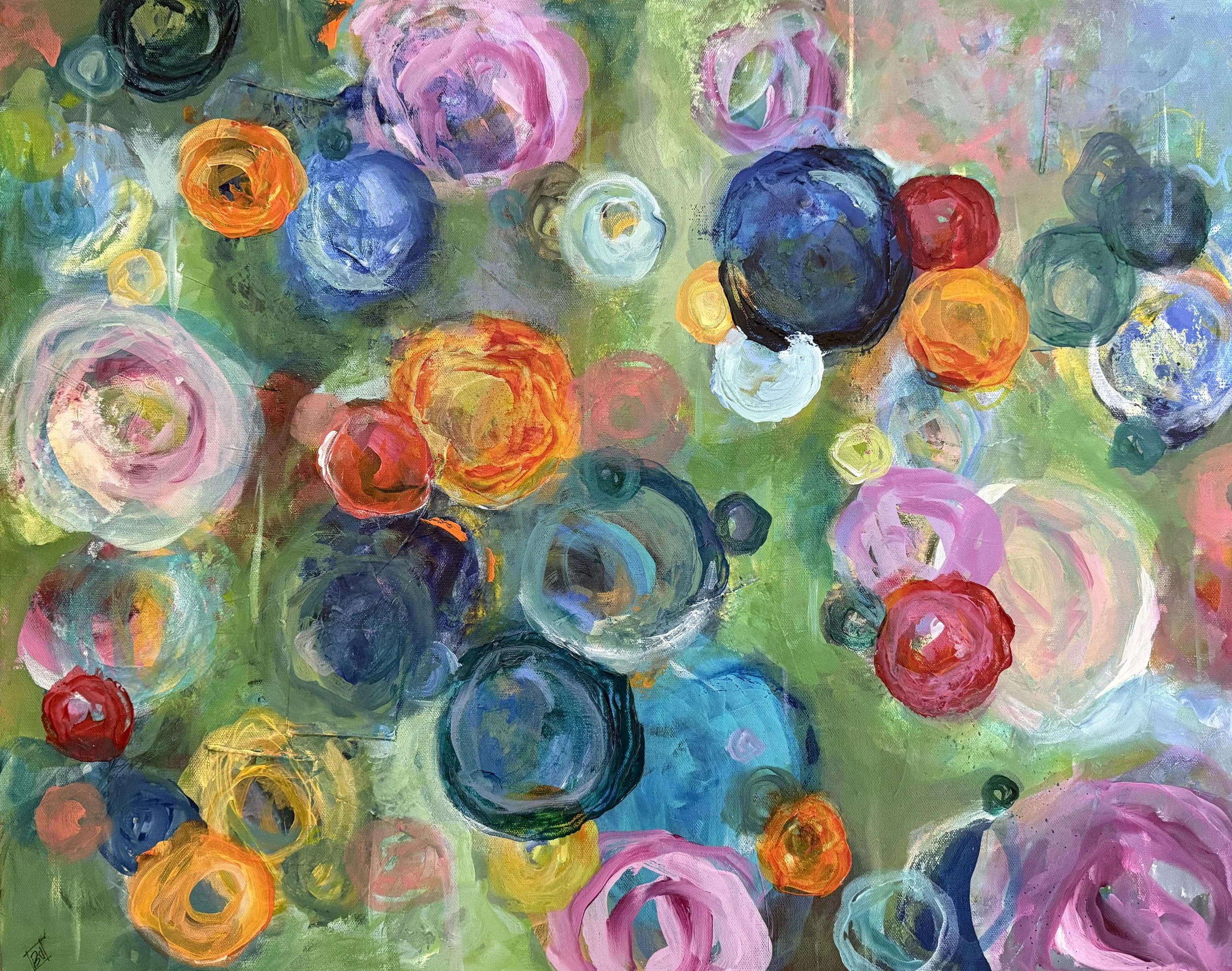 Peace Blooms (with Tibetan Prayer Flags) 
(sold)
24x30 (mixed media)  unframed