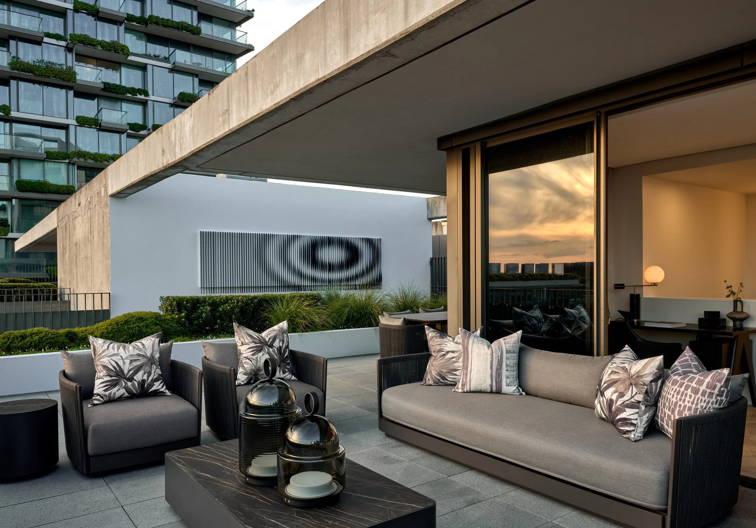Penthouse outdoor terrace styled seating by Mandy Alice, Byron Bay interior designer — considered outdoor living, Chippendale Sydney.