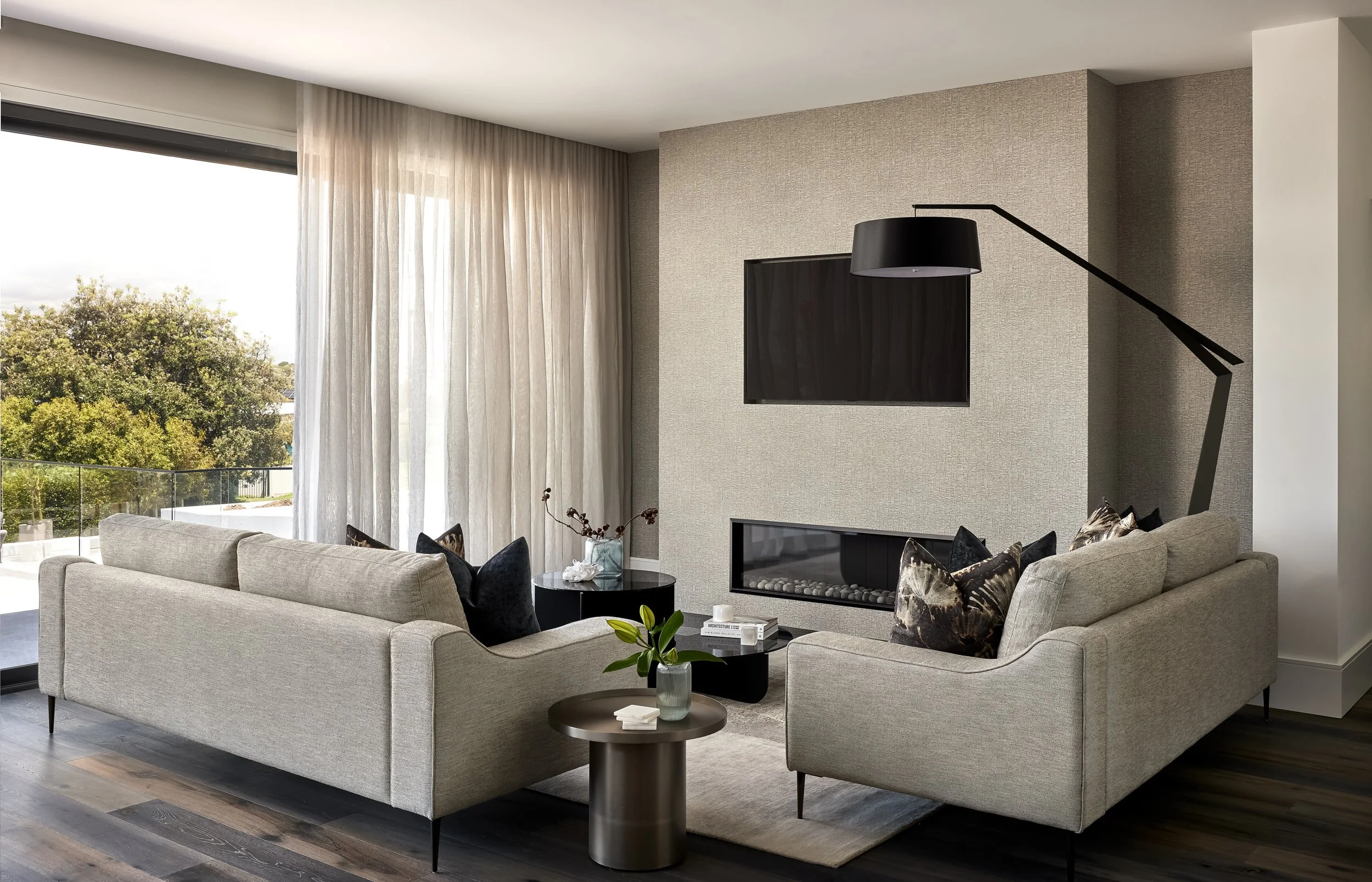 Formal living room with fireplace and textured furnishing by Mandy Alice, Byron Bay interior designer, Dover Heights Sydney.