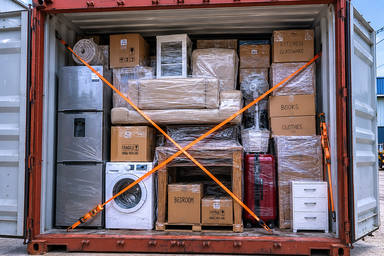 Household goods securely loaded inside shipping container to Ghana