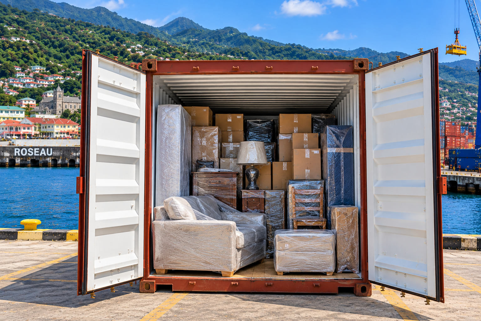 Envío de enseres domésticos desde EE. UU. a Dominica: transporte en contenedores de 20 y 40 pies para muebles, electrodomésticos, efectos personales y traslados a Roseau.