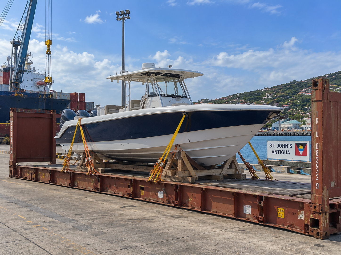 Transporte de barcos y yates desde EE. UU. a Antigua: transporte marítimo internacional de barcos de pesca, embarcaciones con consola central, yates y embarcaciones de recreo.