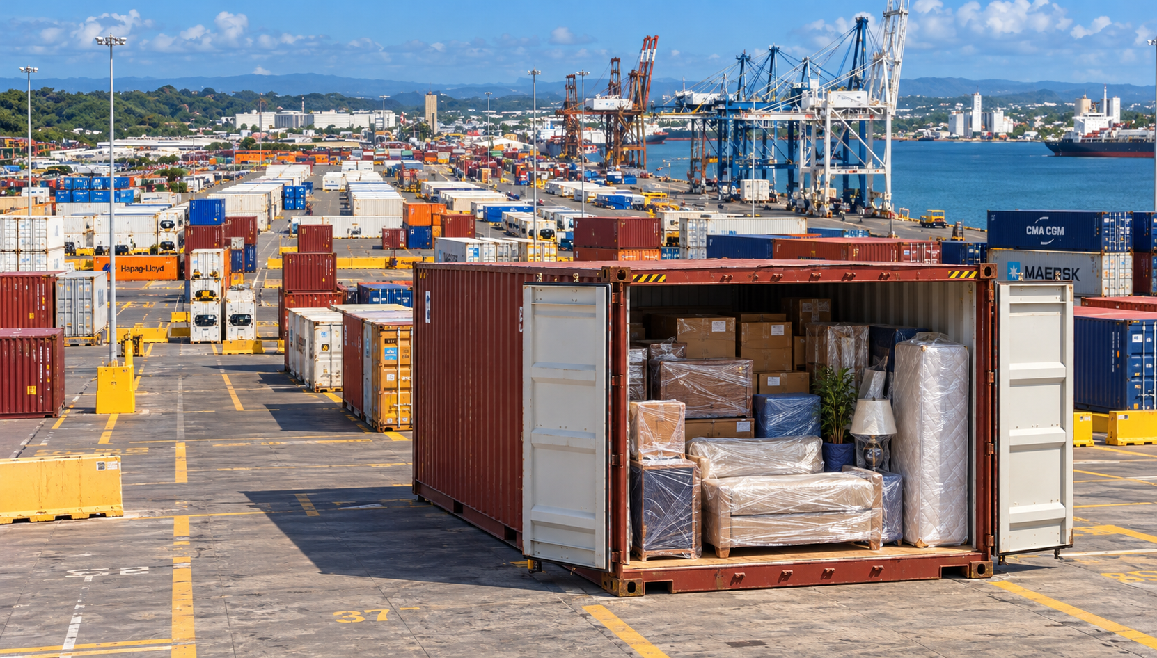 Artículos domésticos y muebles cargados en un contenedor de transporte con destino a Puerto Rico