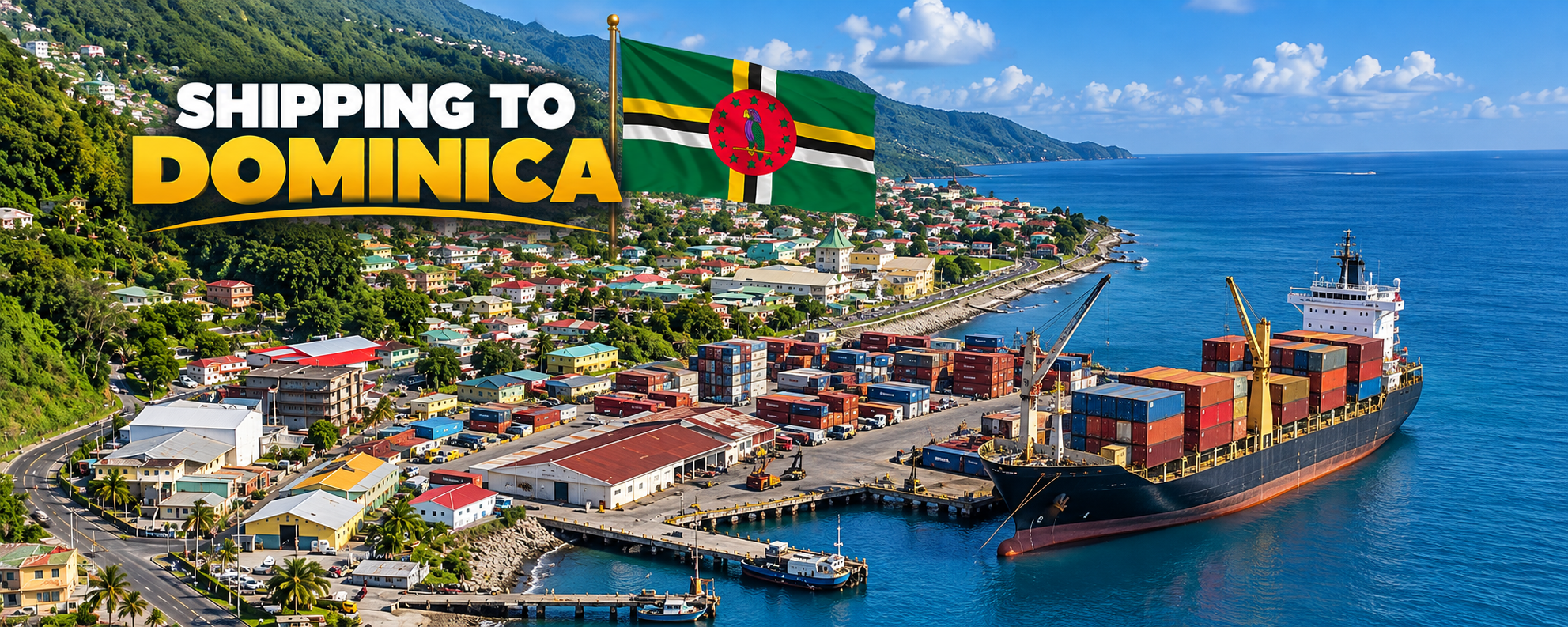 Envíos internacionales desde EE. UU. a Dominica: buque portacontenedores en el puerto de Roseau para el transporte de coches, embarcaciones, maquinaria pesada, enseres domésticos y carga comercial.