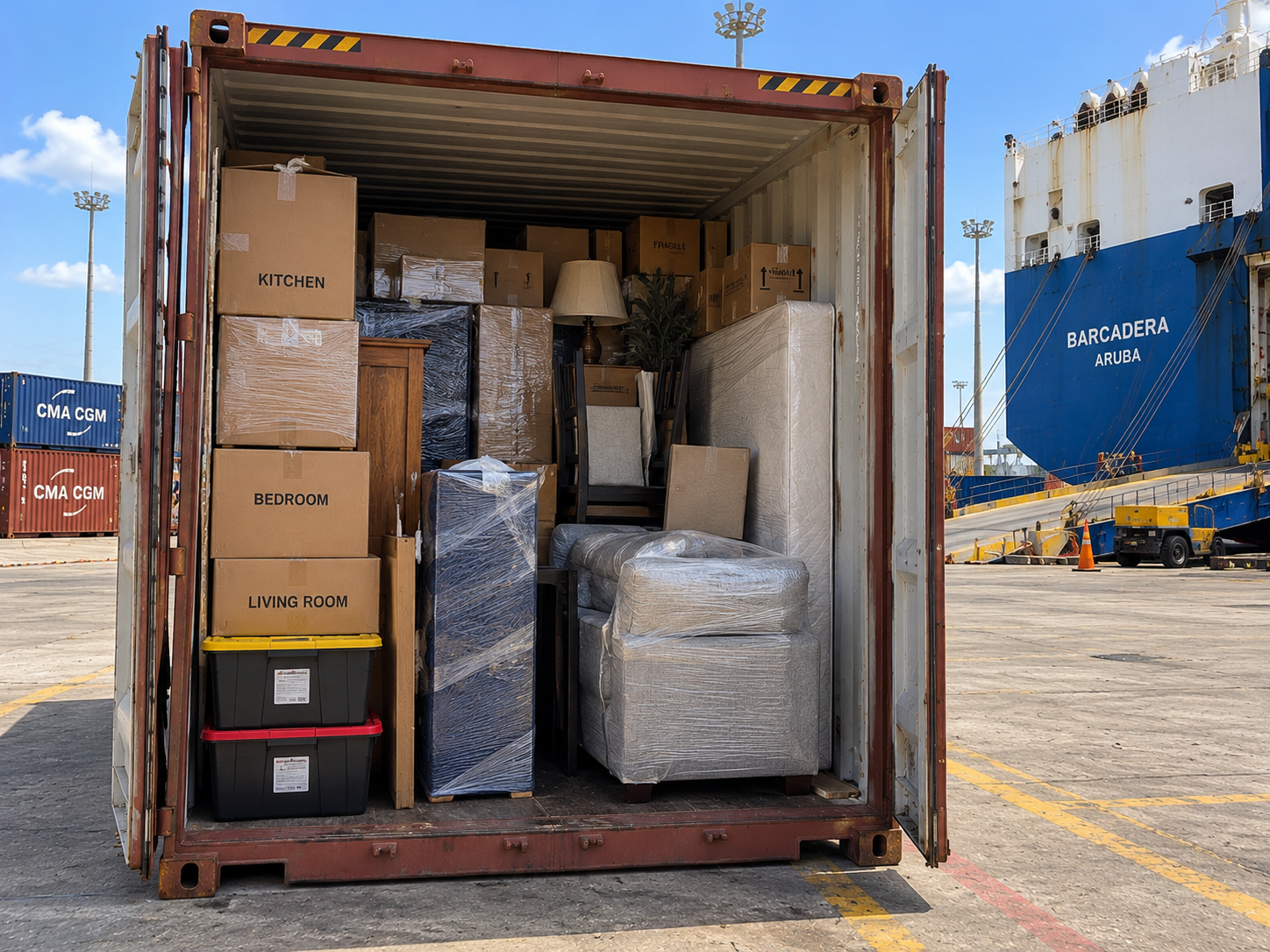 Envío de enseres domésticos desde EE. UU. a Aruba: transporte en contenedores de 20 y 40 pies para muebles, efectos personales y traslados internacionales.