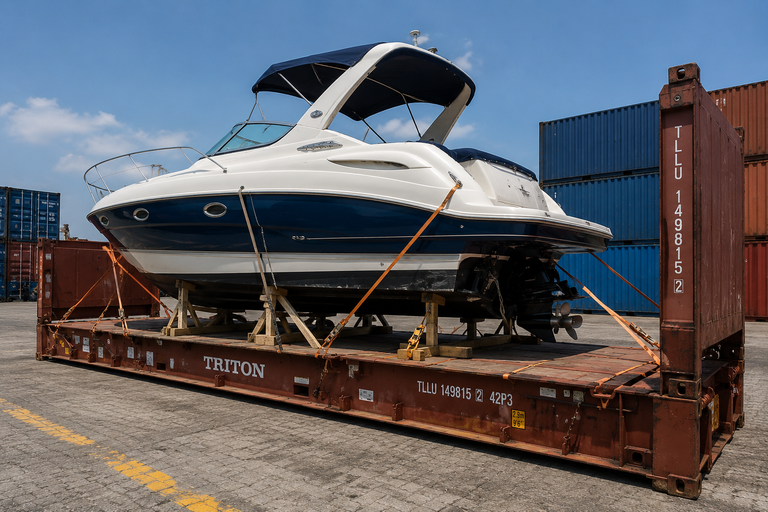 Boat loaded on flat rack for shipping to Ghana from the USA