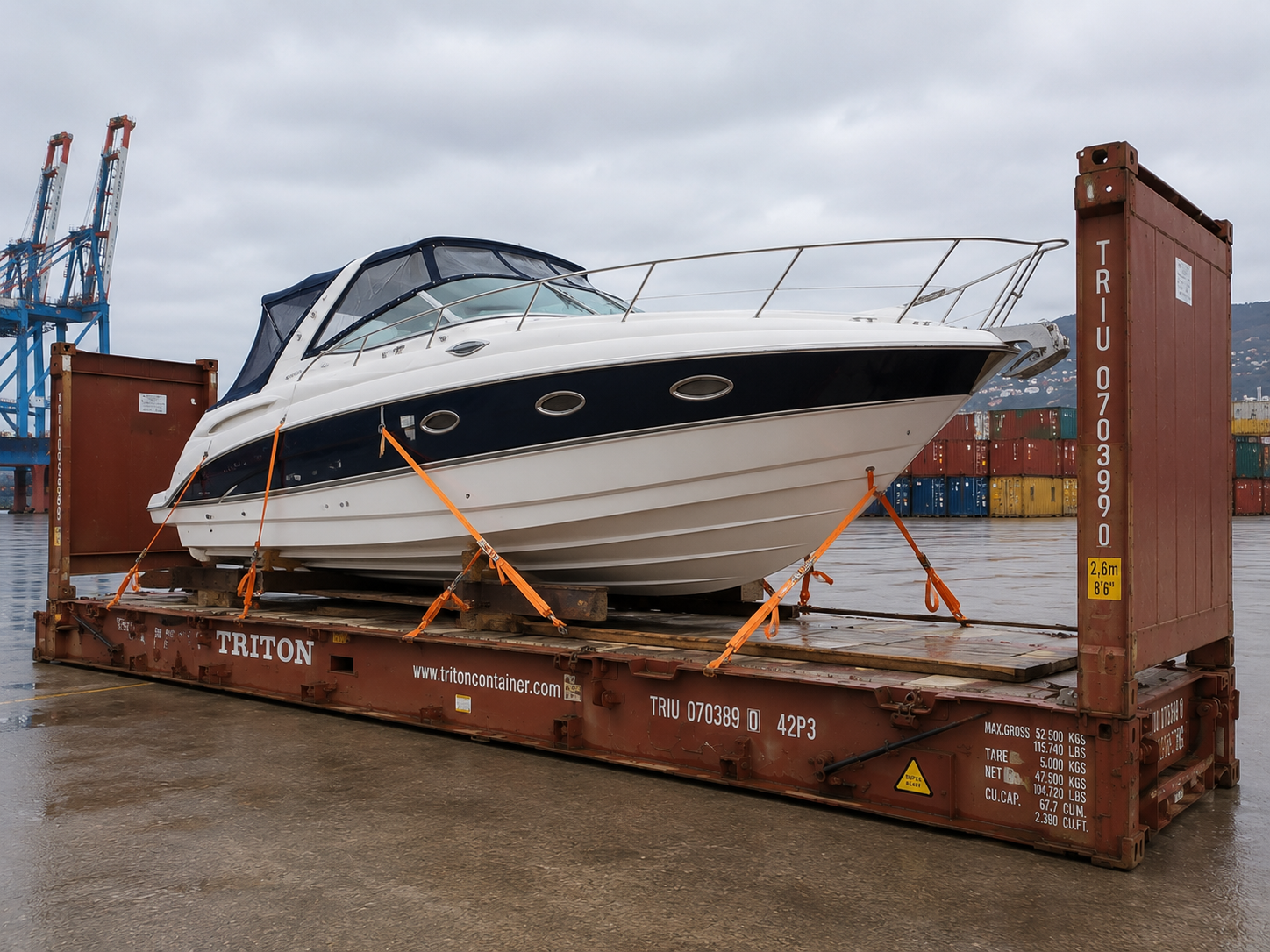 Boat loaded on flat rack for ocean freight shipping to Morocco