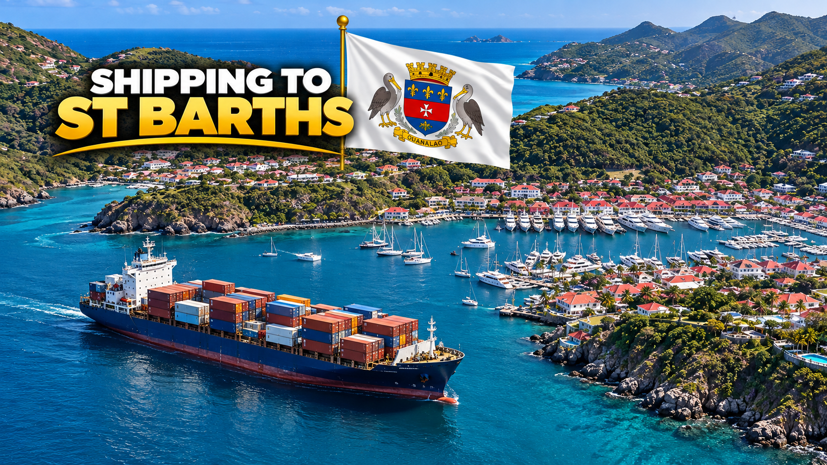 Transporte marítimo internacional desde EE. UU. a San Bartolomé (Saint-Barthélemy), incluyendo coches, embarcaciones, maquinaria pesada y contenedores a través del puerto de Gustavia.
