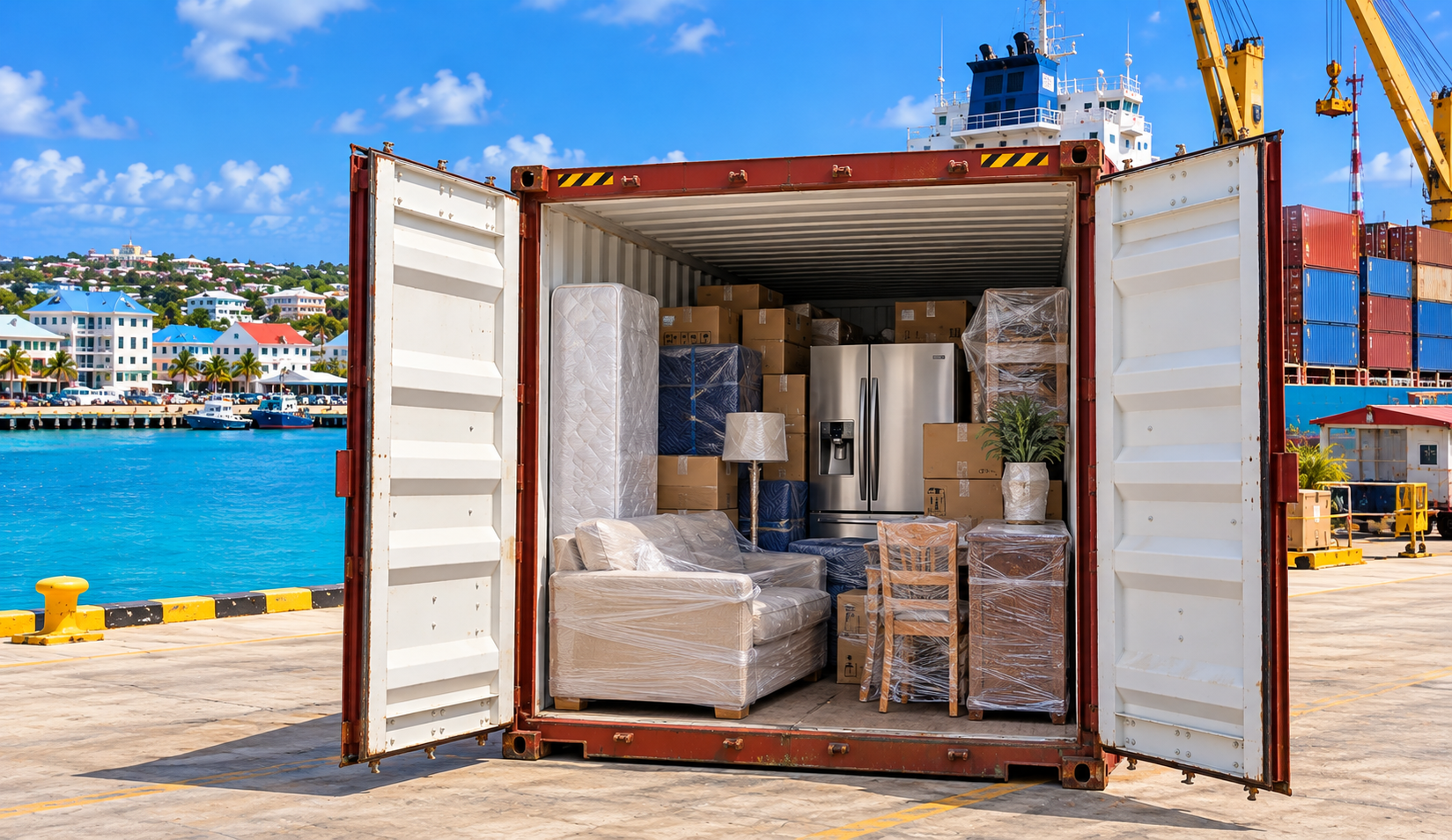 Envío de enseres domésticos desde EE. UU. a las Islas Caimán: transporte en contenedores de 20 y 40 pies para muebles, efectos personales y traslados internacionales a Gran Caimán.