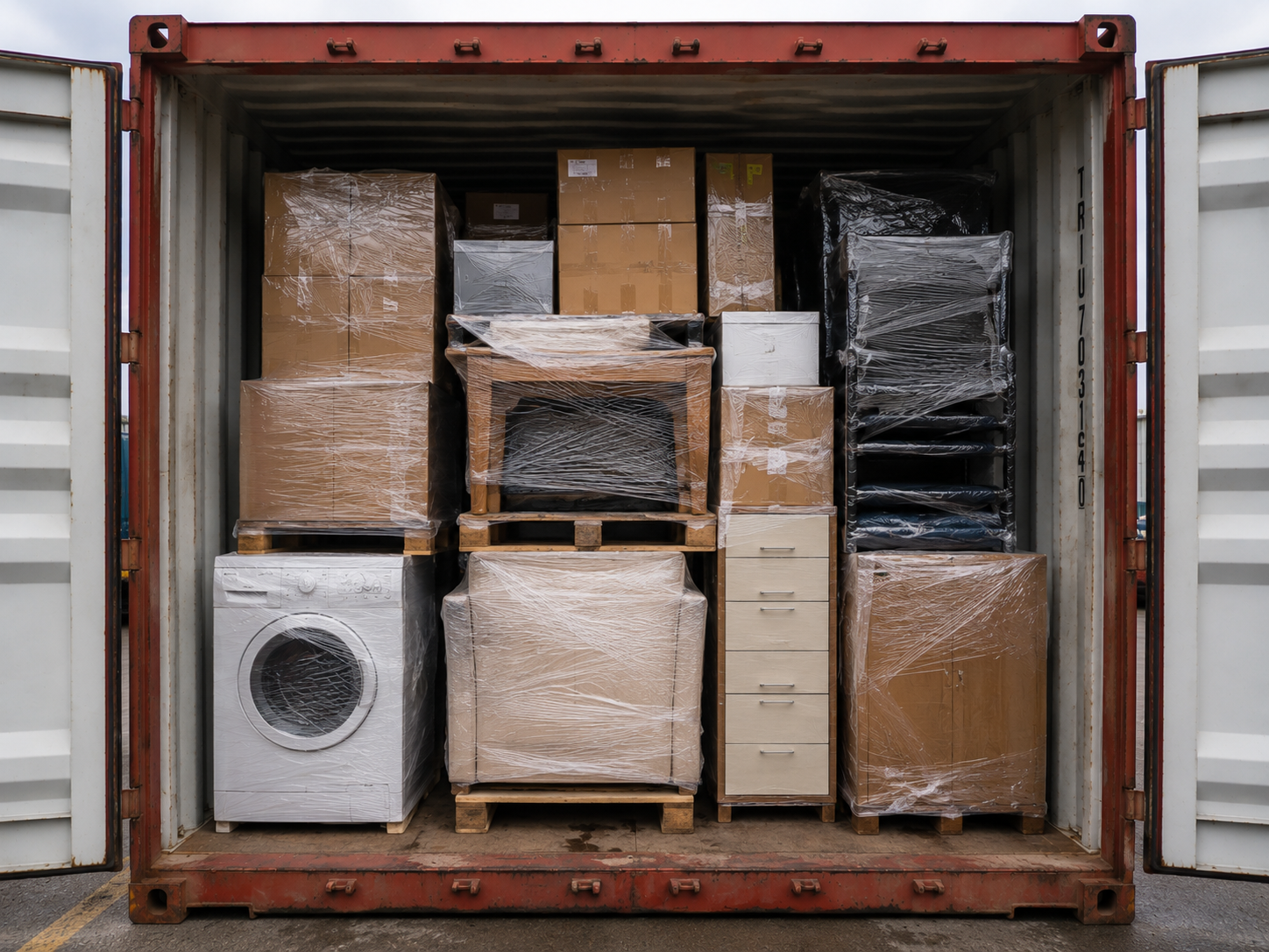 Household goods securely loaded inside a shipping container for shipping to Morocco