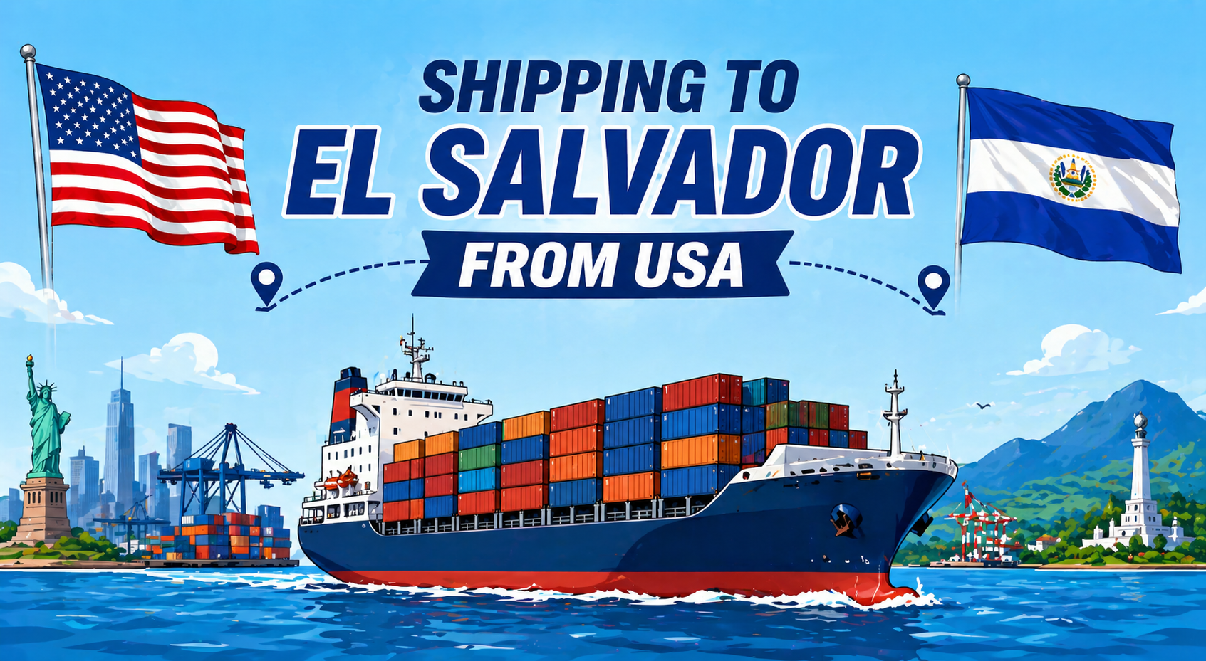 Shipping to El Salvador from USA banner with container ship and flags