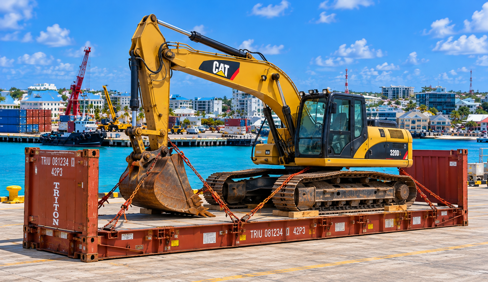Envío de maquinaria pesada desde EE. UU. a las Islas Caimán: transporte marítimo de excavadoras, bulldozers, tractores, carretillas elevadoras y maquinaria de construcción a Gran Caimán.