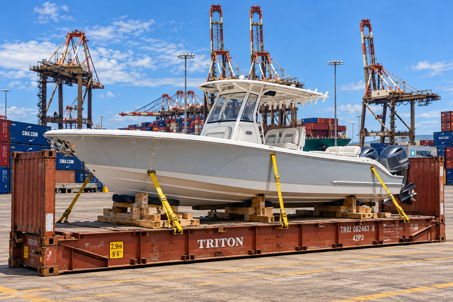 Transporte de barcos y yates desde EE. UU. a Jamaica: embarcaciones con consola central, barcos de pesca y equipamiento náutico.