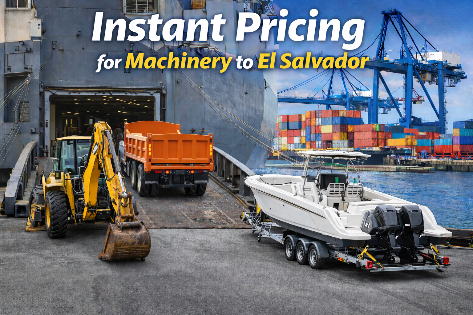 Instant pricing for machinery shipping from USA to El Salvador showing backhoe loader and dump truck entering RoRo vessel with boat on trailer, port cranes, cargo ship, and container stack