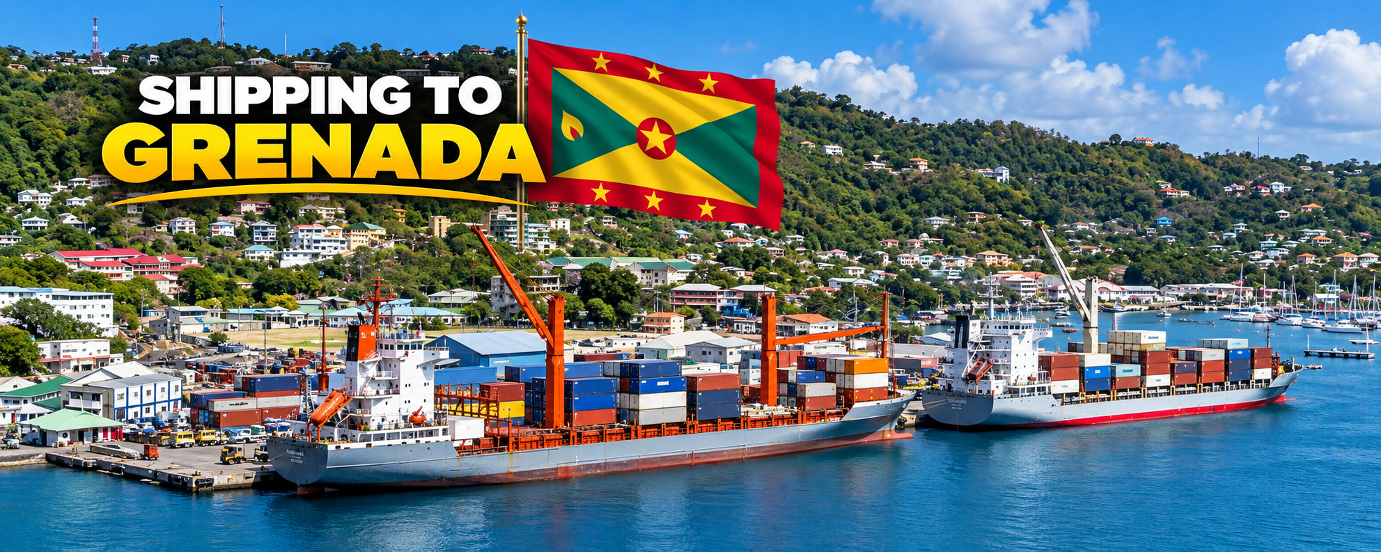 Transporte marítimo internacional desde EE. UU. a Granada: buque portacontenedores en el puerto de St. George's para el transporte de coches, embarcaciones, maquinaria pesada, enseres domésticos y carga comercial.