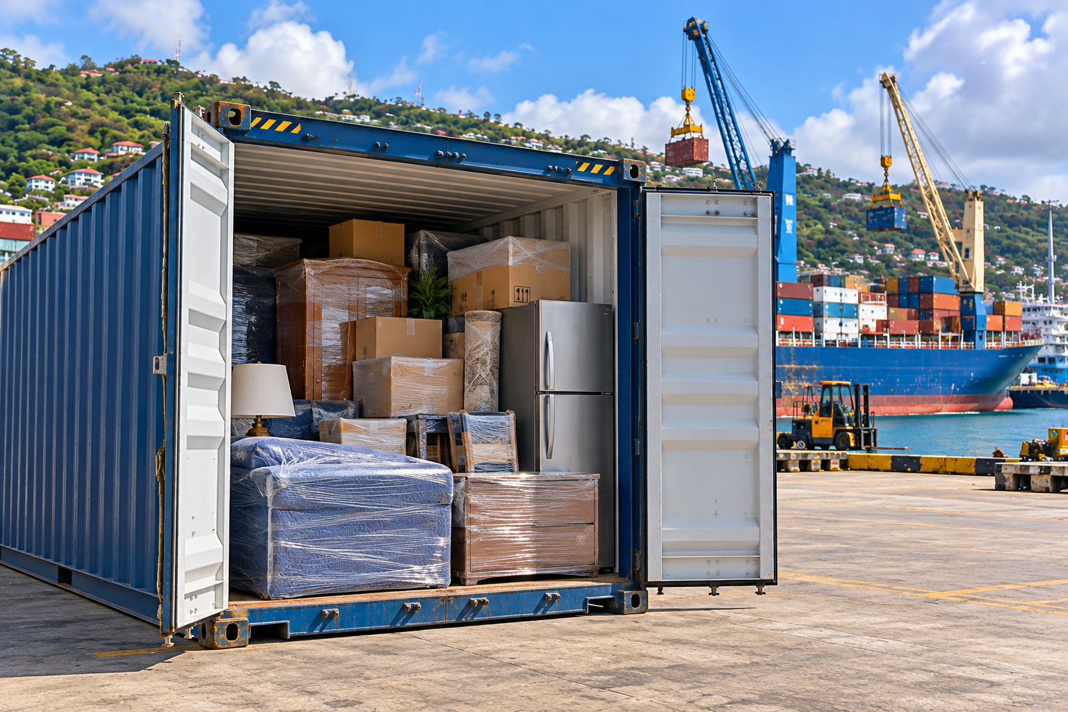 Envío de enseres domésticos desde EE. UU. a Granada: transporte en contenedores de 20 y 40 pies para muebles, electrodomésticos, efectos personales y traslados a St. George's.