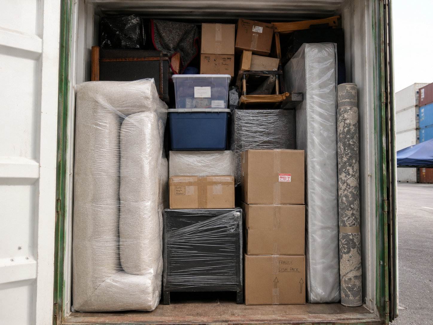 Household goods shipping to Germany from the USA with furniture, personal effects, boxes, and household items prepared for international relocation