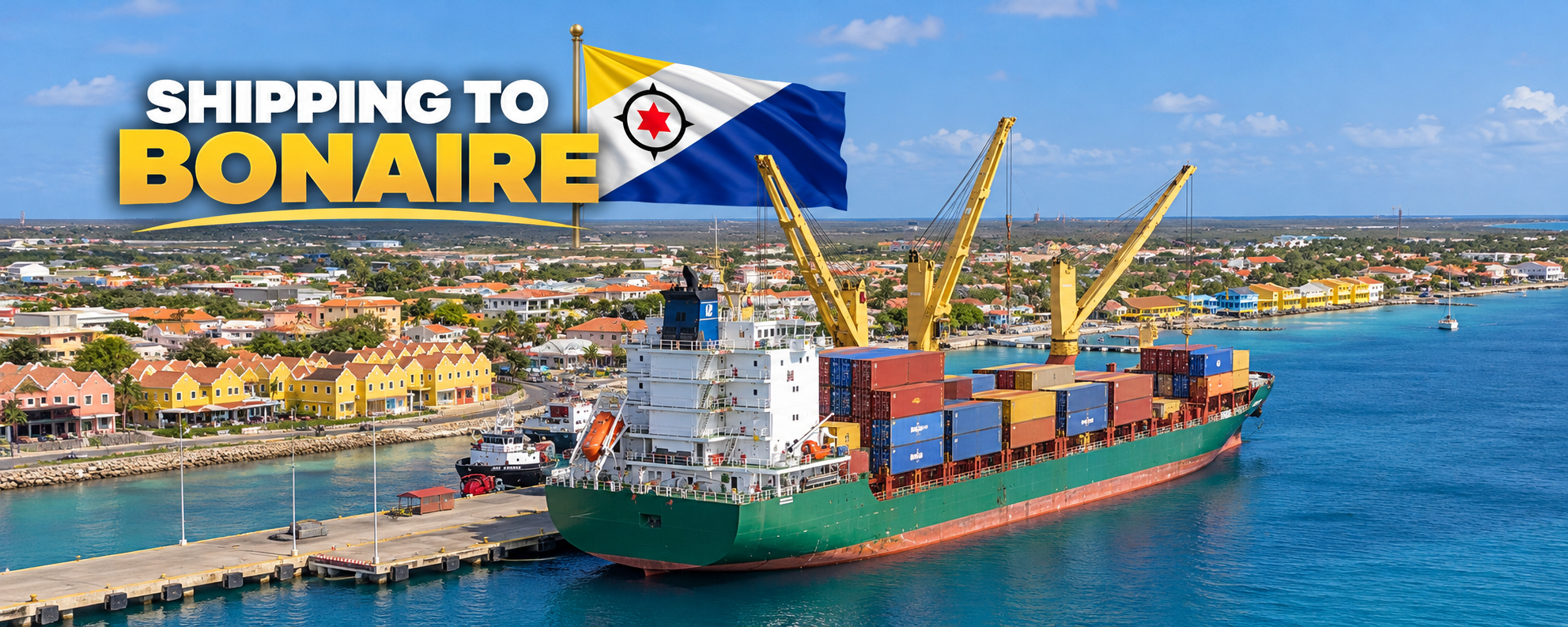 Transporte marítimo internacional desde EE. UU. a Bonaire: operaciones con buques portacontenedores y de transporte marítimo en el puerto de Kralendijk para coches, embarcaciones, maquinaria pesada, enseres domésticos y carga comercial.