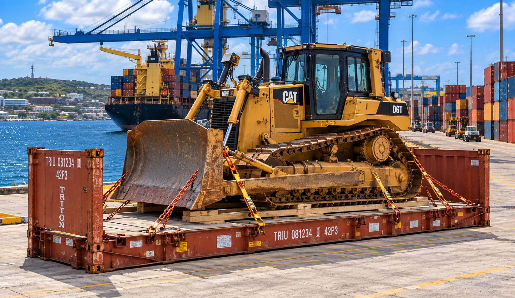 Envío de maquinaria pesada desde EE. UU. a Curazao: transporte marítimo de excavadoras, bulldozers, tractores, carretillas elevadoras y maquinaria de construcción a Willemstad.