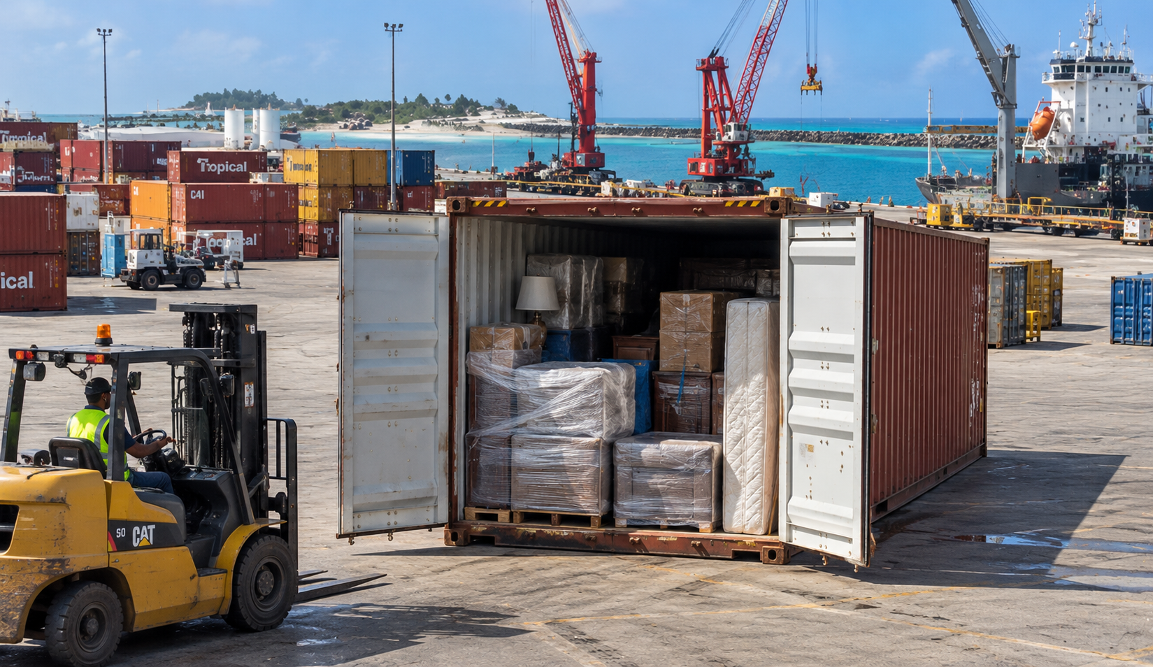 Envío de enseres domésticos desde EE. UU. a las Bahamas: transporte en contenedores de 20 y 40 pies para muebles, efectos personales y mudanzas internacionales.