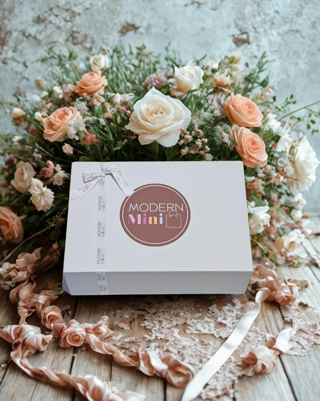 A white box labeled 'Modern Mini' sitting on a wooden surface surrounded by a bouquet of white and peach roses and pink flowers with a decorative ribbon.