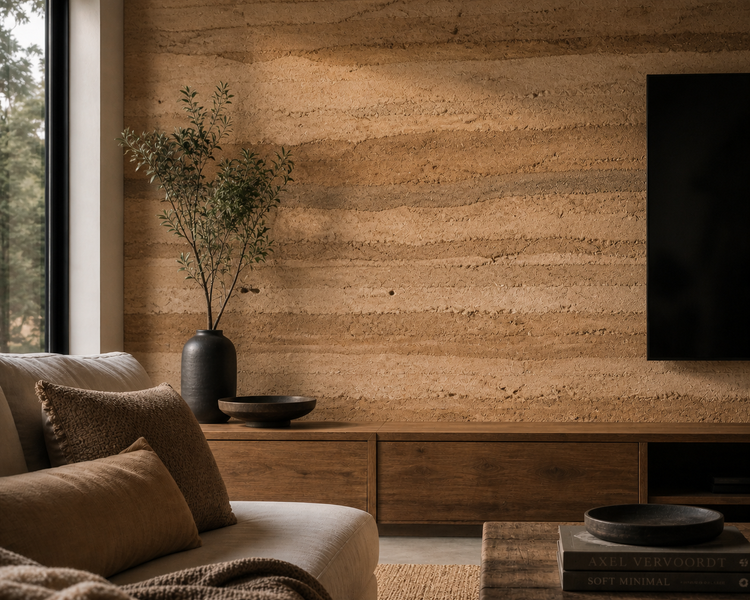 Textured rammed earth feature wall in a minimalist living room with custom timber cabinetry.