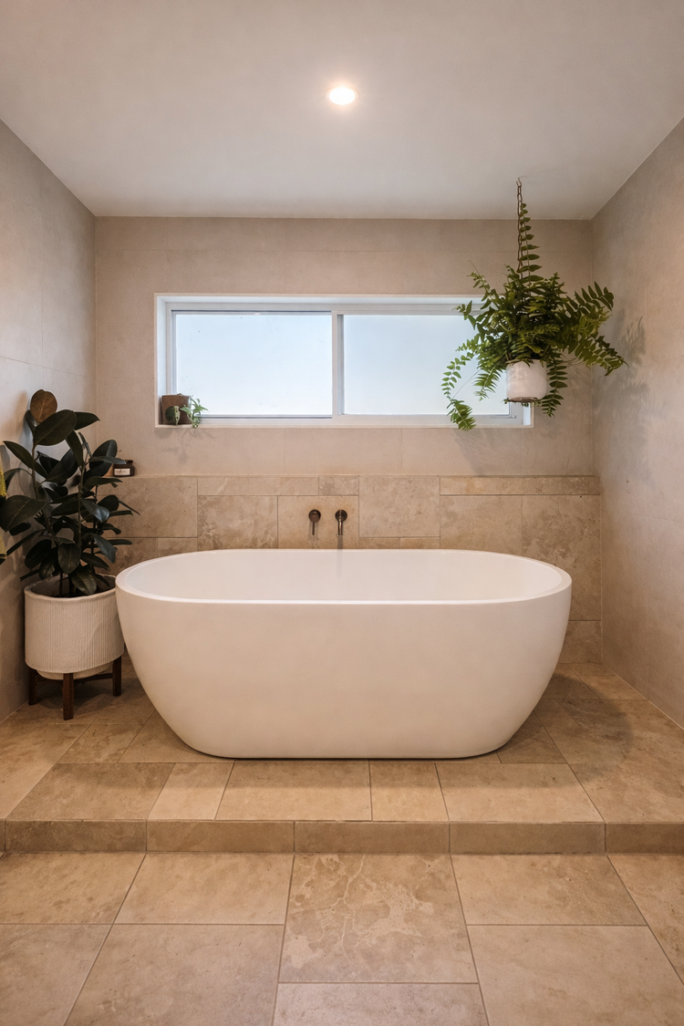 White freestanding soaking tub in a modern beige tiled bathroom with hanging indoor plants.