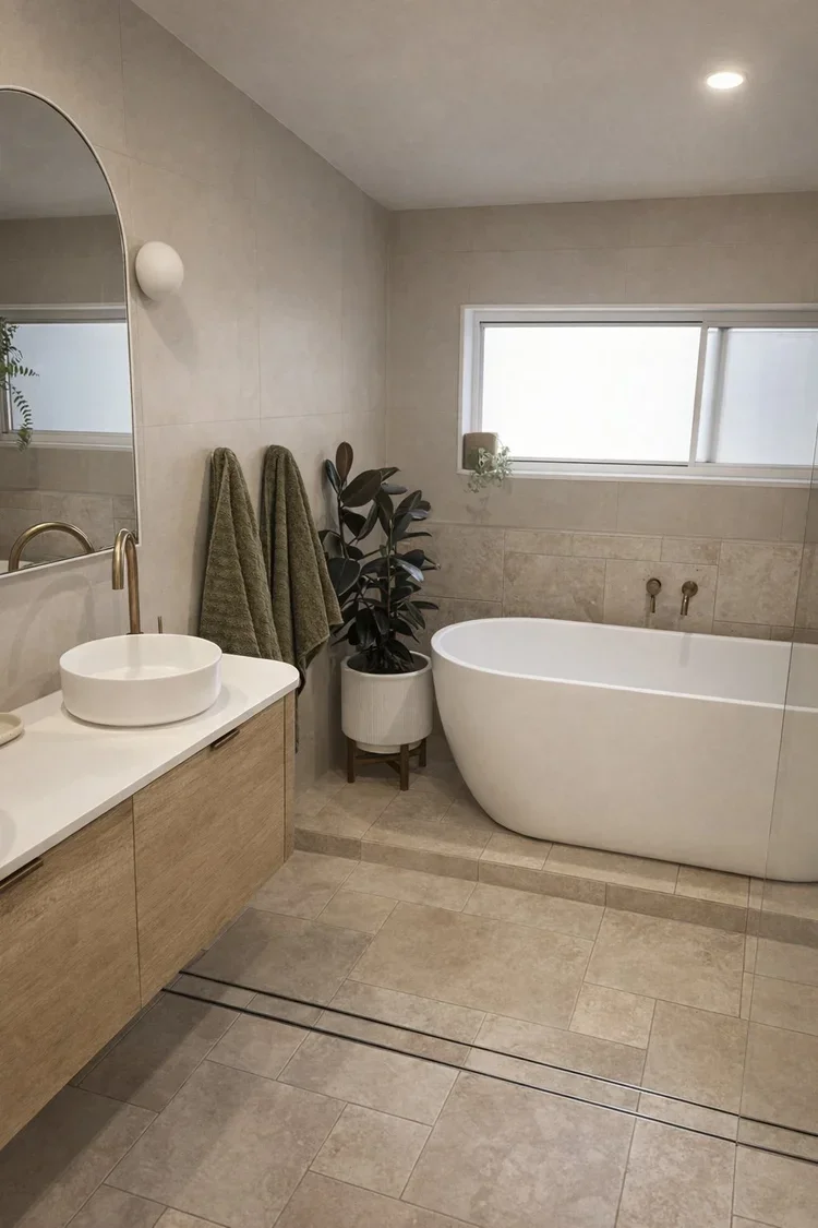 Spacious luxury bathroom featuring a freestanding tub, floating timber vanity, brass fixtures, and neutral tile flooring