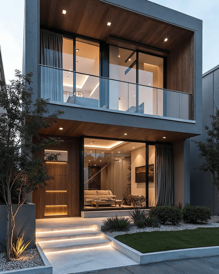 Modern multi-story home exterior at dusk featuring sleek timber cladding, glass balcony, and exterior step lighting