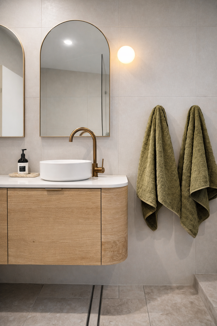 Modern bathroom floating wooden vanity with curved edges, vessel sink, brushed brass tapware, and arched mirrors.