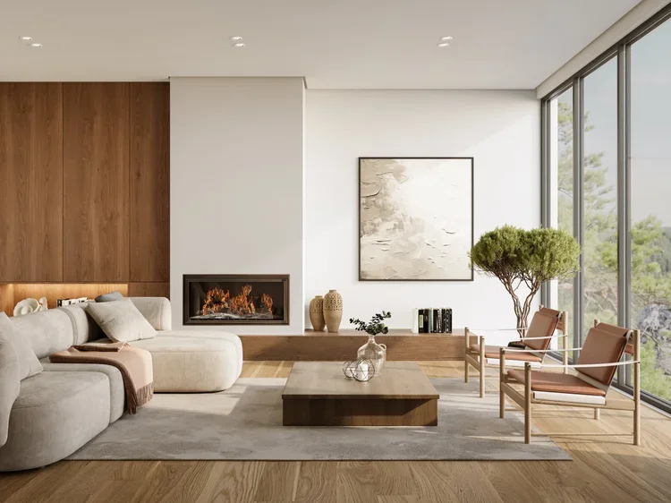 Modern open-plan living room with a built-in fireplace, oak flooring, custom cabinetry, and floor-to-ceiling windows